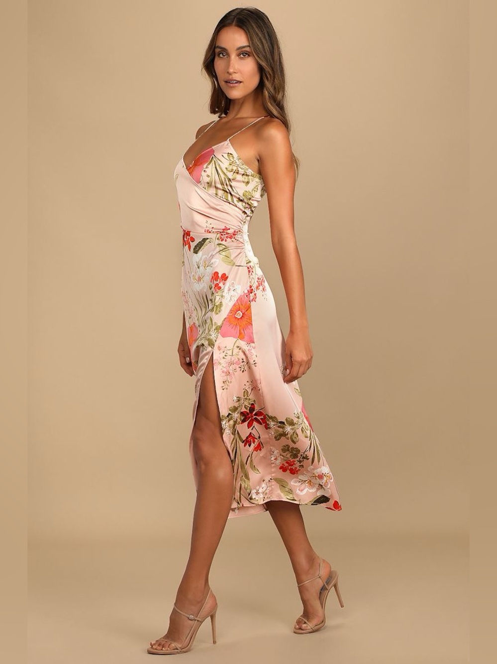NWT Lulus Remarkable Entrance Pink Floral Print Satin Midi Dress size small